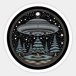 Vintage alien saucer over the forest Sticker